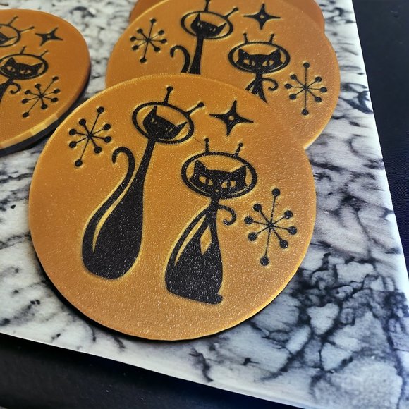 Mid Century Modern Space Age Cats Coasters For Bar Kitchen Room Retro Decor Gold - Picture 7 of 10